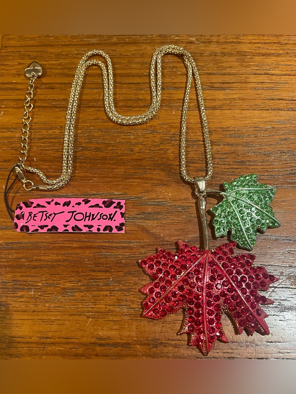 Betsey Johnson Red and Green Jeweled Leaf Pendant Necklace- NWT